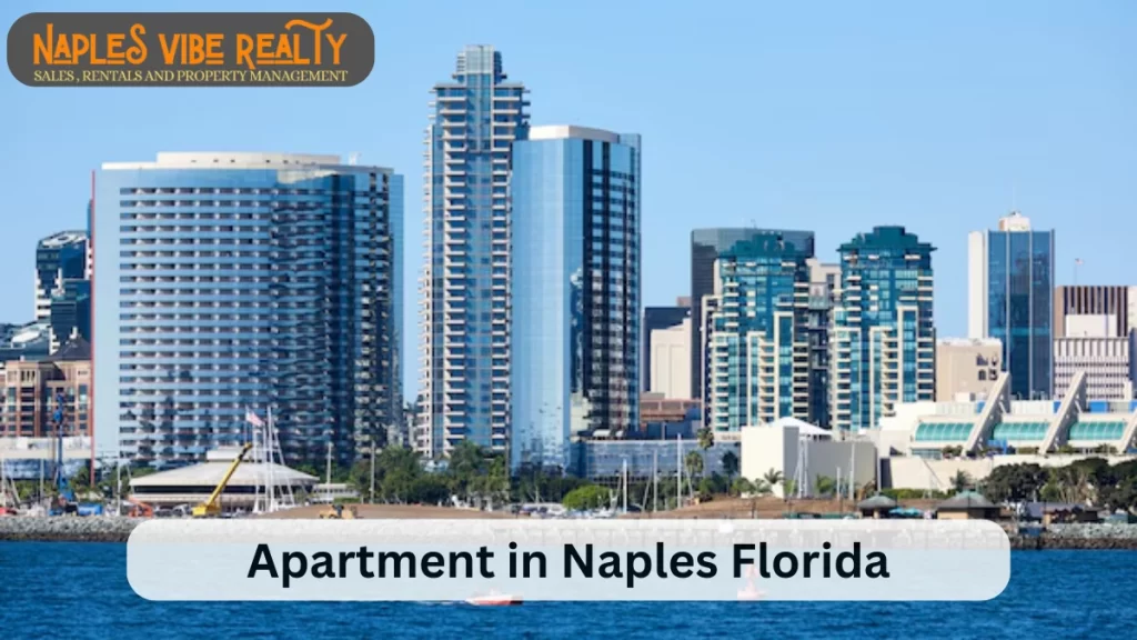 A waterfront skyline view featuring modern high-rise apartments in Naples, Florida, with the Naples Vibe Realty.